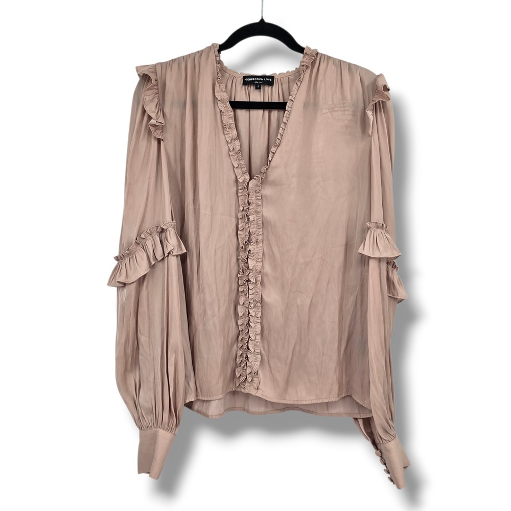 Generation Love Womens Ruffle V-Neck Blouse Mauve‎ Pink Long Sleeve Size S